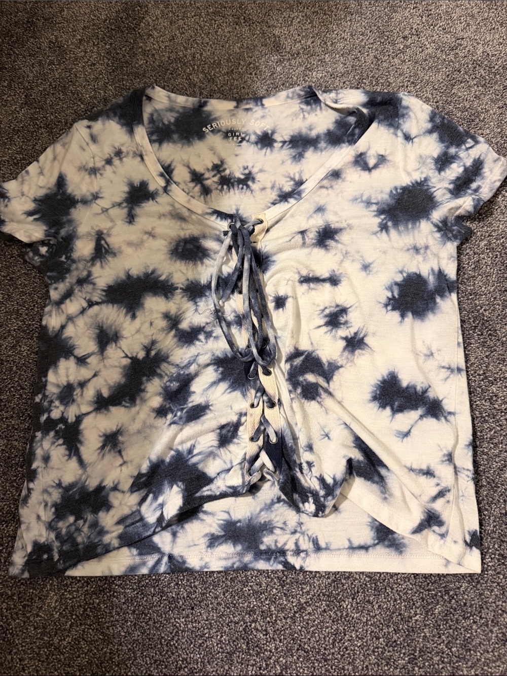 Aeropostale Navy and White Tie-Dye Lace-Up Crop Top